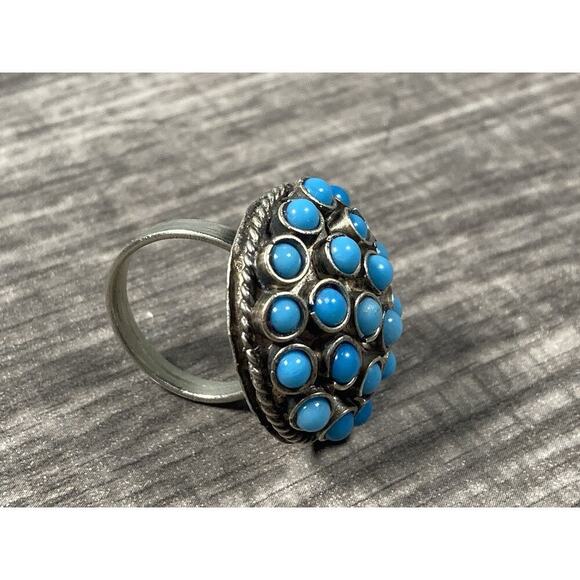 Vintage Atomic Sputnik Ring Blue Cabochon Cluster Silver Tone Size 6 - Picture 3 of 9